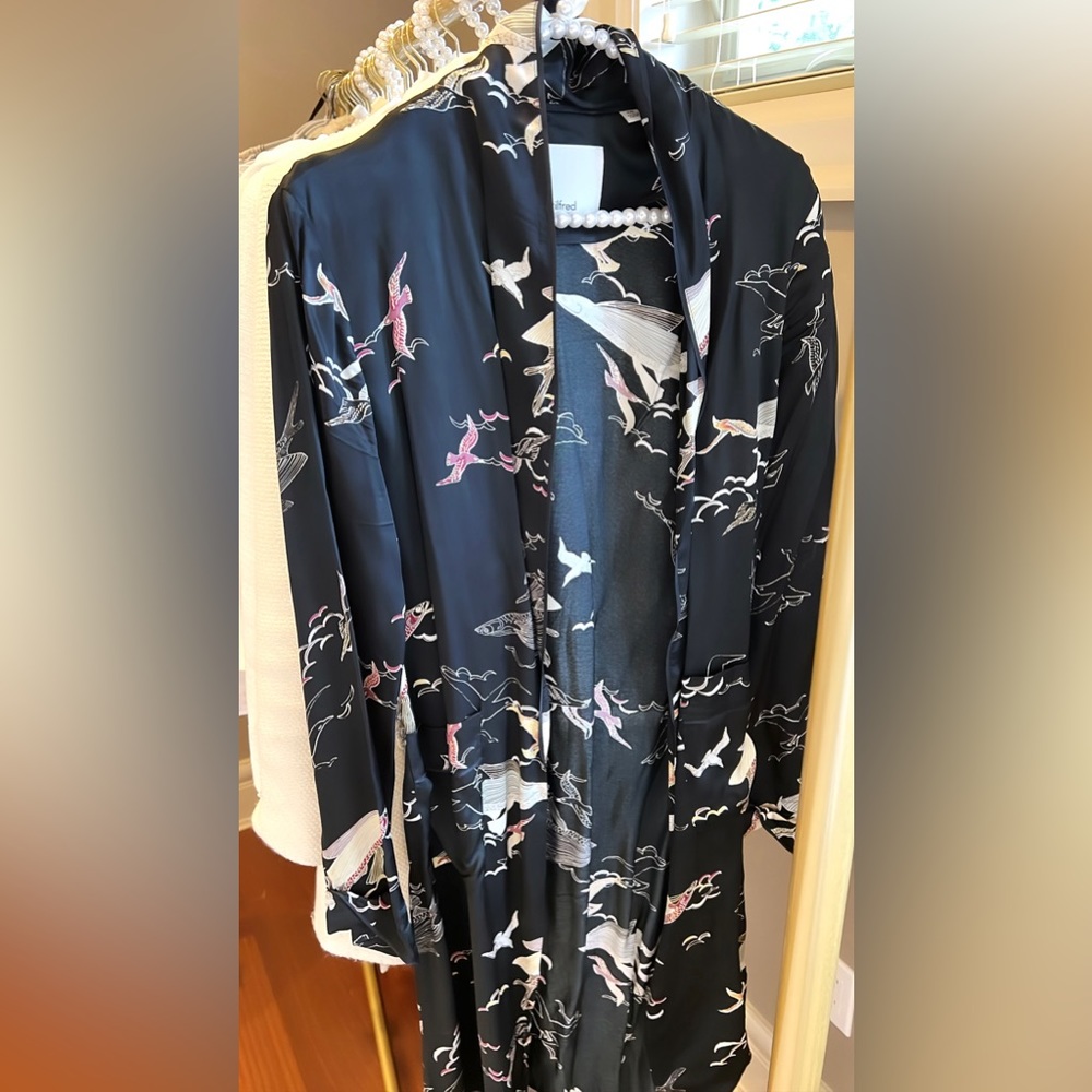 Aritzia Black Kimono with Bird Pattern